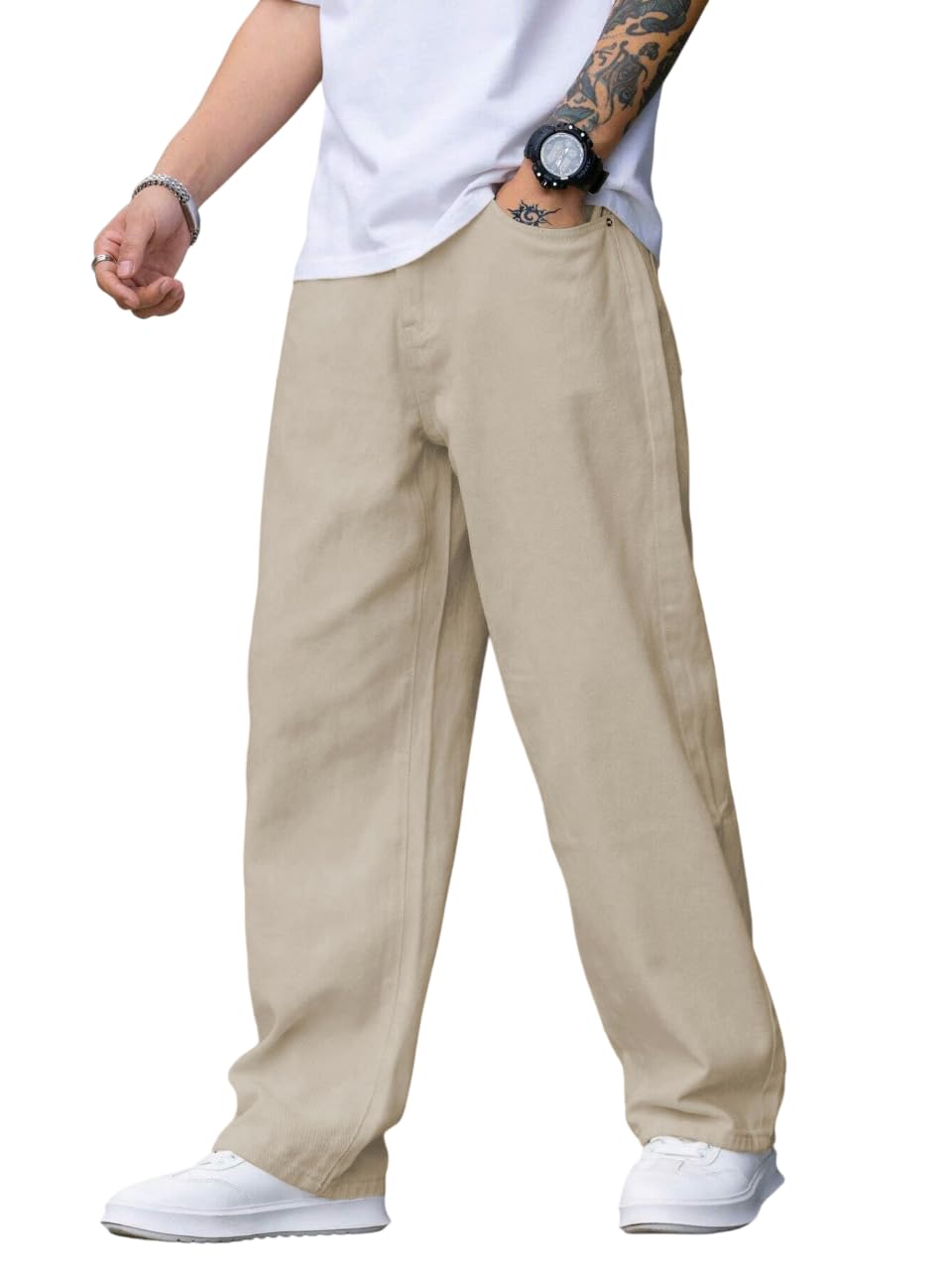 TAGAS Men Mid Rise Relaxed Fit Denim Jeans | Loose Jeans | Baggy Fit Denim Jeanspant | Mdj-22, Cream, 30