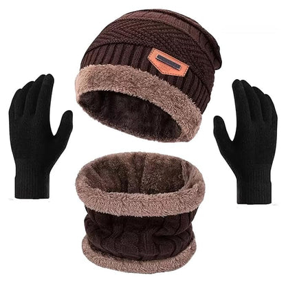Digital Shopee Winter Knit Beanie Set Of Cap Hat Neck Warmer Scarf And Woolen Gloves Set Skull Cap For Men/Women - (Black, 3 Pie