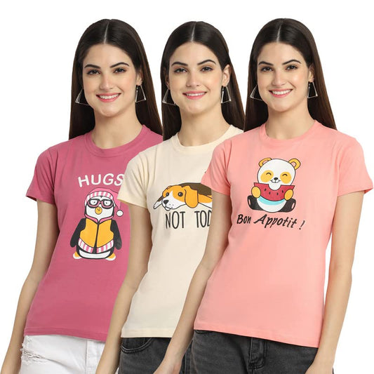 Preneum Womens Cotton Regular Fit Latest Graphic Stylish Printed Short Sleeves Casual T-Shirt || Trend Styles & Style (Pack 3),