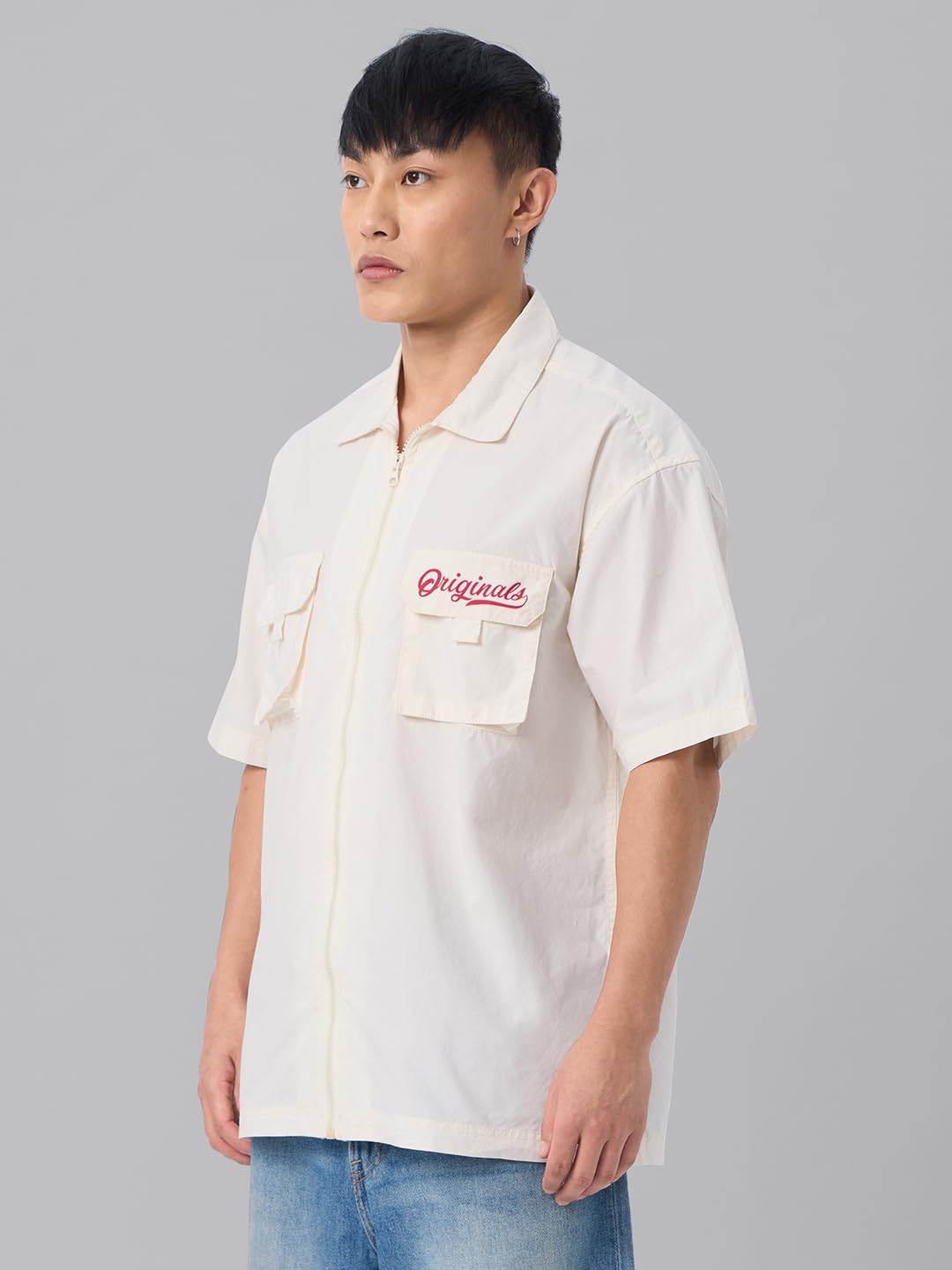 The Souled Store Solids : Off-White Men and Boys Long Sleeve Collared Neck Button Down Regular Fit Cotton Utility Shirts