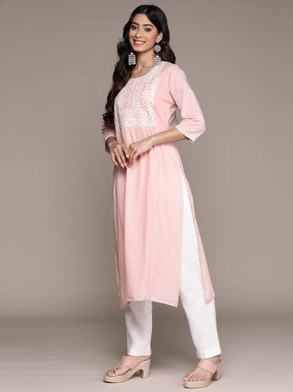 anubhutee Women's Pure Cotton Ethnic Motifs Pink Embroidered Straight Kurta