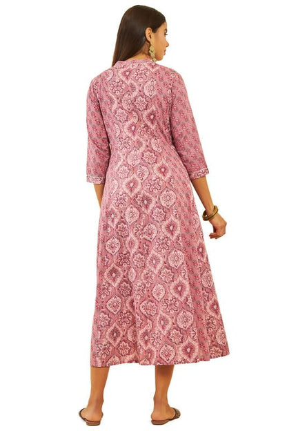 Soch Womens Onion Pink Cotton Floral Print Flared Dress With Gota Patti Work