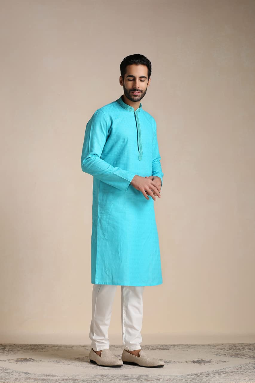 Manyavar Kurta Set For Men, Full Sleeves Mandarin Collar Ethnic MenS Kurta Set For Engagement, Wedding, Party Cotton Solid (Blu