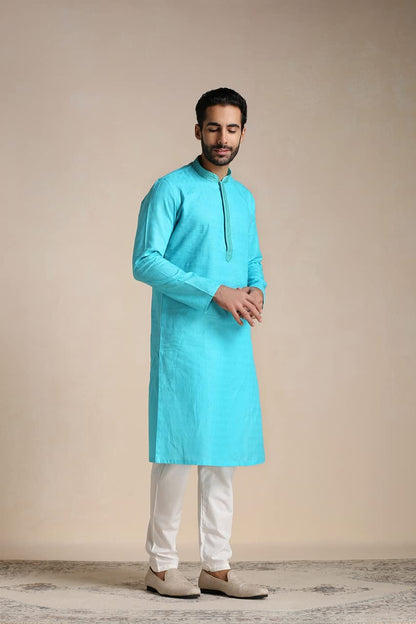 Manyavar Kurta Set For Men, Full Sleeves Mandarin Collar Ethnic MenS Kurta Set For Engagement, Wedding, Party Cotton Solid (Blu