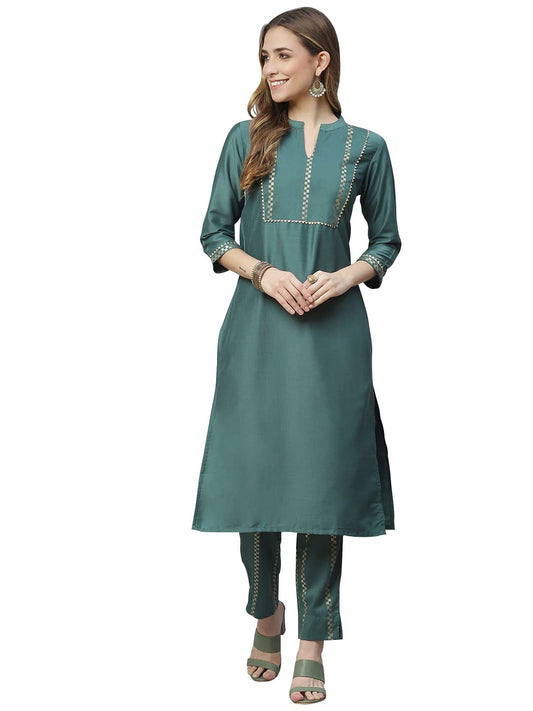 ZIYAA Women Women's Green Color Chinon Straight Kurta And Pant Set