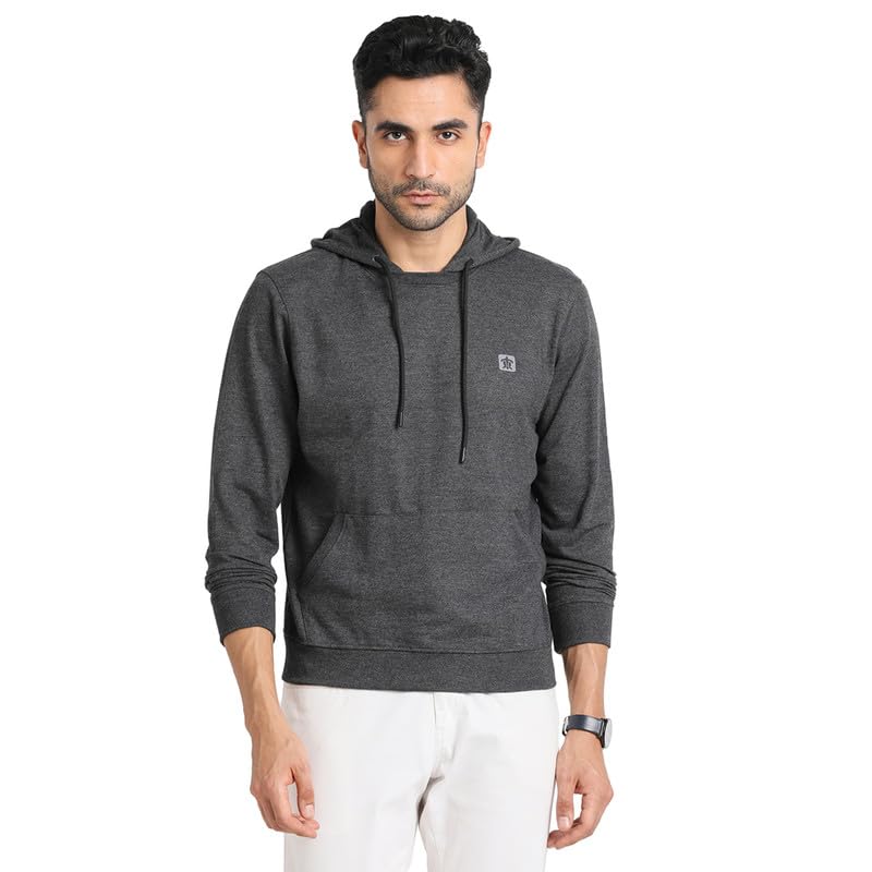 Turtle Men Poly Cotton Charcoal Plain Regular Fit Full Sleeve Casual Hooded Sweatshirt