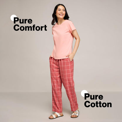 NYKD (NYS141 Checked Pure Cotton Pyjama Sleepwear Pants for Women | Relaxed Fit with Non-Slip Elasticated Waistband, Adjustable