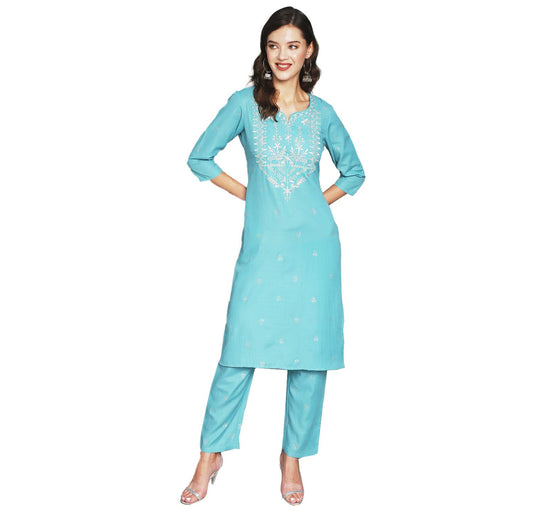 anubhutee Women's Cyan Ethnic Yoke Embroidered Kurta Set with Pants