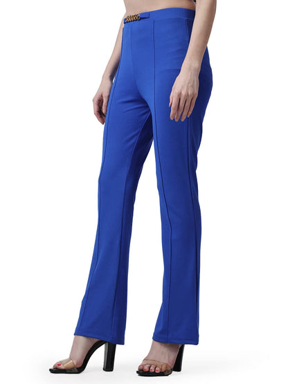 POPWINGS Solid Full-Length Polyester Regular-Fit Trouser Pants for Women for Casual and Semi Formal Wear Blue
