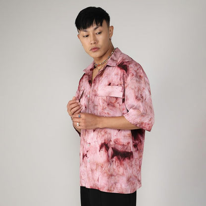 Campus Sutra Mens Wine Red Tie-Dye Utility Oversized Shirt for Casual Wear | Spread Collar | Short Sleeve | Button Closure | Ov