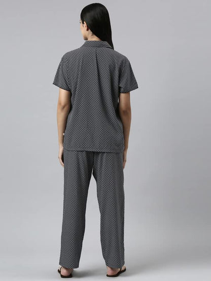 Enamor Essentials Relaxed Fit Modal Short Sleeve Printed Shirt & Mid Rise Pant Slounge Set for Womens-EC17 (EC17_Black Geo AOP_X