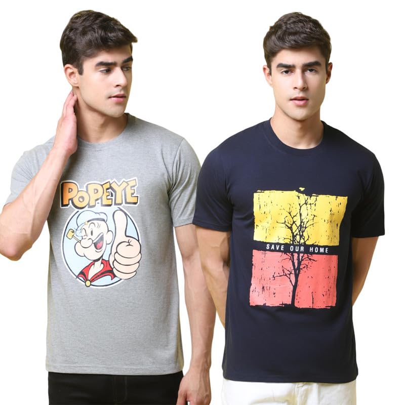 Pinkmint Combo T-Shirt for Men Cotton Blend Casual Half Sleeve T-Shirt l Active wear l Regular Home T-Shirt (Pack of 2) Grey-Blu