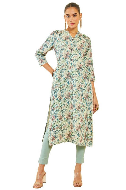 Soch Womens Beige Linen Kurta with Floral Print