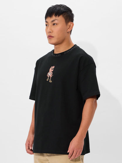 The Souled Store Tea-Rex Men and Boys Short Sleeves Round Neck Black Embroidered Cotton Oversized T-Shirts