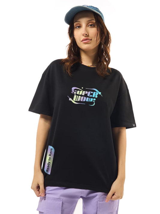 Bewakoof Heavy Duty 1.0 Womens Graphic Printed Oversized Fit Half Sleeve Round Neck Cotton Blend T-Shirt_637238_Black_L