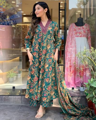GoSriKi Women's Anarkali Kurta Set, Viscose with Palazzo & Dupatta, Small, Green, Model CIA-CLRS-GS