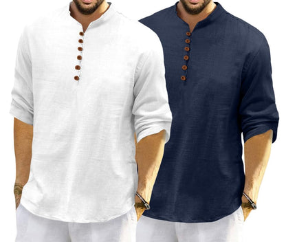 Macsivo MenS Cotton Blend Kurta | Band Collar | Casual | Plain | Formal | Full Sleeve | Summer | Regular Fit - (Combo Pack Of 2