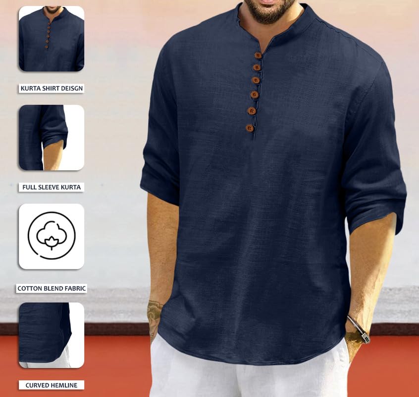 Macsivo MenS Cotton Blend Short Kurta With Solid Mandarin Collared Full Sleeve Curved Hem Length | Kurta For Men Stylish Navy B
