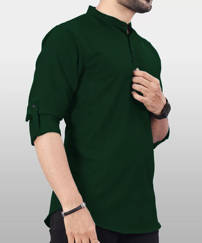 Deemoon MenS Cotton Blend Kurta With Solid Regular Fit Mandarin Collared Neck Full Sleeve And Waist Length | Kurtas For Men | D