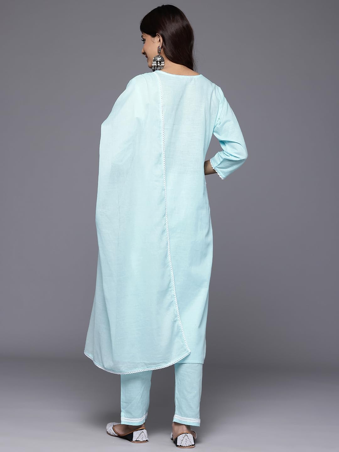 Varanga Women Blue Chikankari Embroidered Kurta with Tonal Bottom and Chiffon Dupatta.