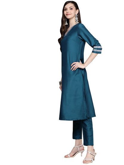 ZIYAA Women's Teal Chinon A-Line Kurta, Pant And Dupatta Set(ZISKDCH3863)