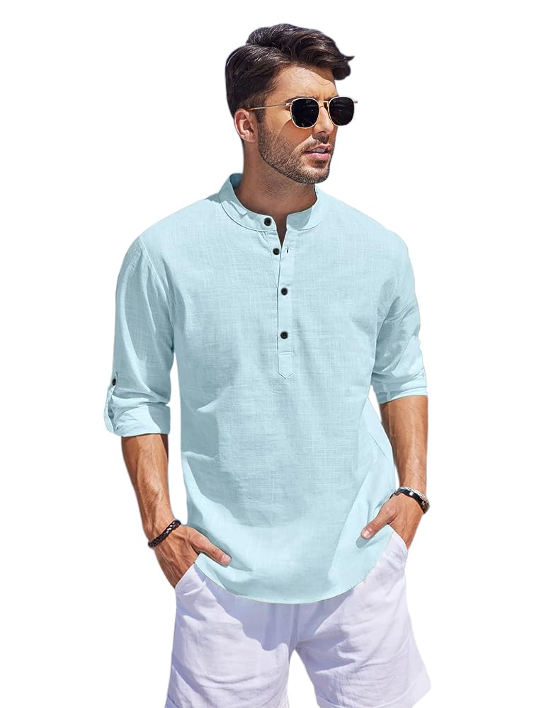 Hemrin Men Solid Cotton Blend Straight Kurta Shirt Aqua