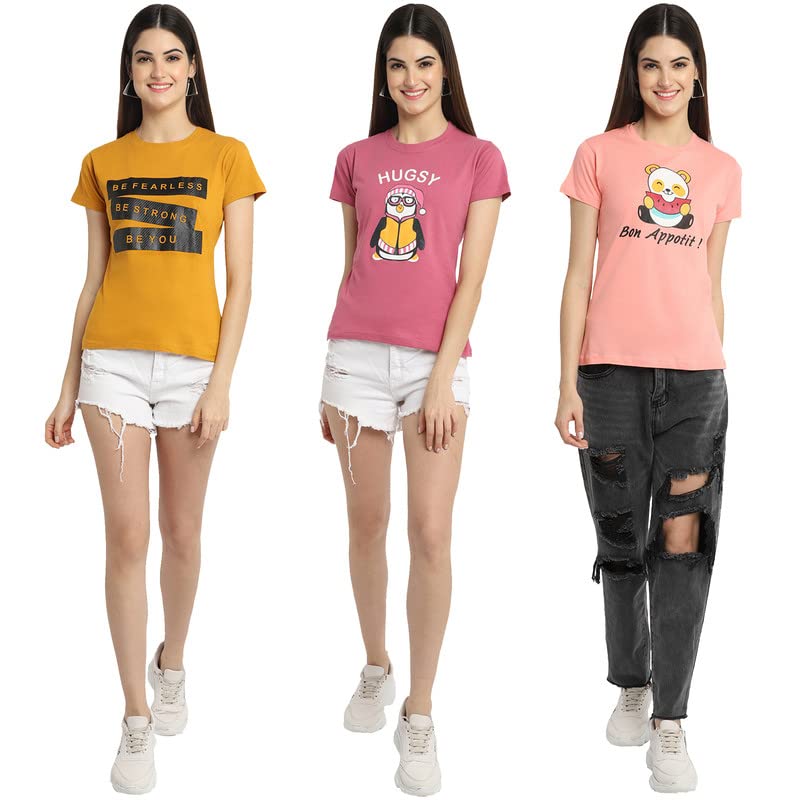 Preneum Womens Cotton Regular Fit Latest Graphic Stylish Printed Short Sleeves Casual T-Shirt || Latest Trendy & Style (Pack 3)
