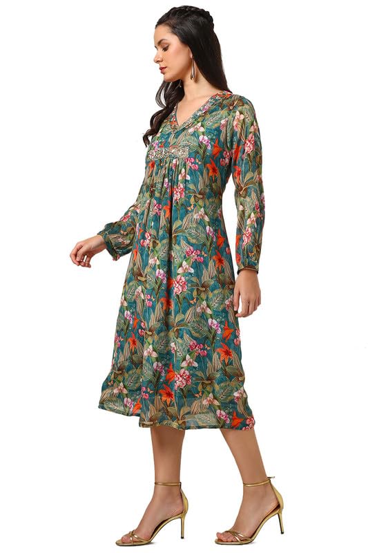 Soch Womens Teal Chinon Floral Print Dress With Sequence Work