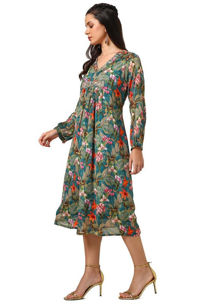 Soch Womens Teal Chinon Floral Print Dress With Sequence Work