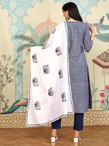 Ajrakh Inspired Printed Cotton Kurta And Pant With Hand Applique Dupatta | Kurta Set For Women | Kurta With Trousers And Dupatta