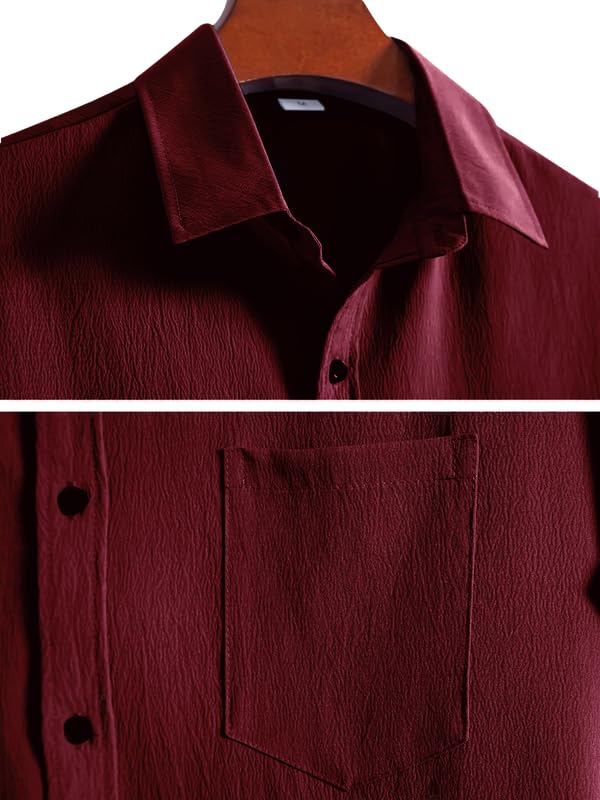 Pinkmint Mens Popcorn Shirt Comfortable Short Sleeve Shirts Casual Textured Shirt (Pack of 1) Maroon