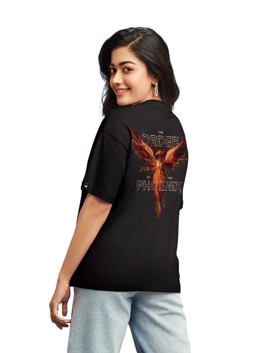 Bewakoof Womens Cotton Order of The Phoenix Graphic Printed T Shirt- Oversized Fit, Round Neck, Half Sleeves_589279_Black_XS