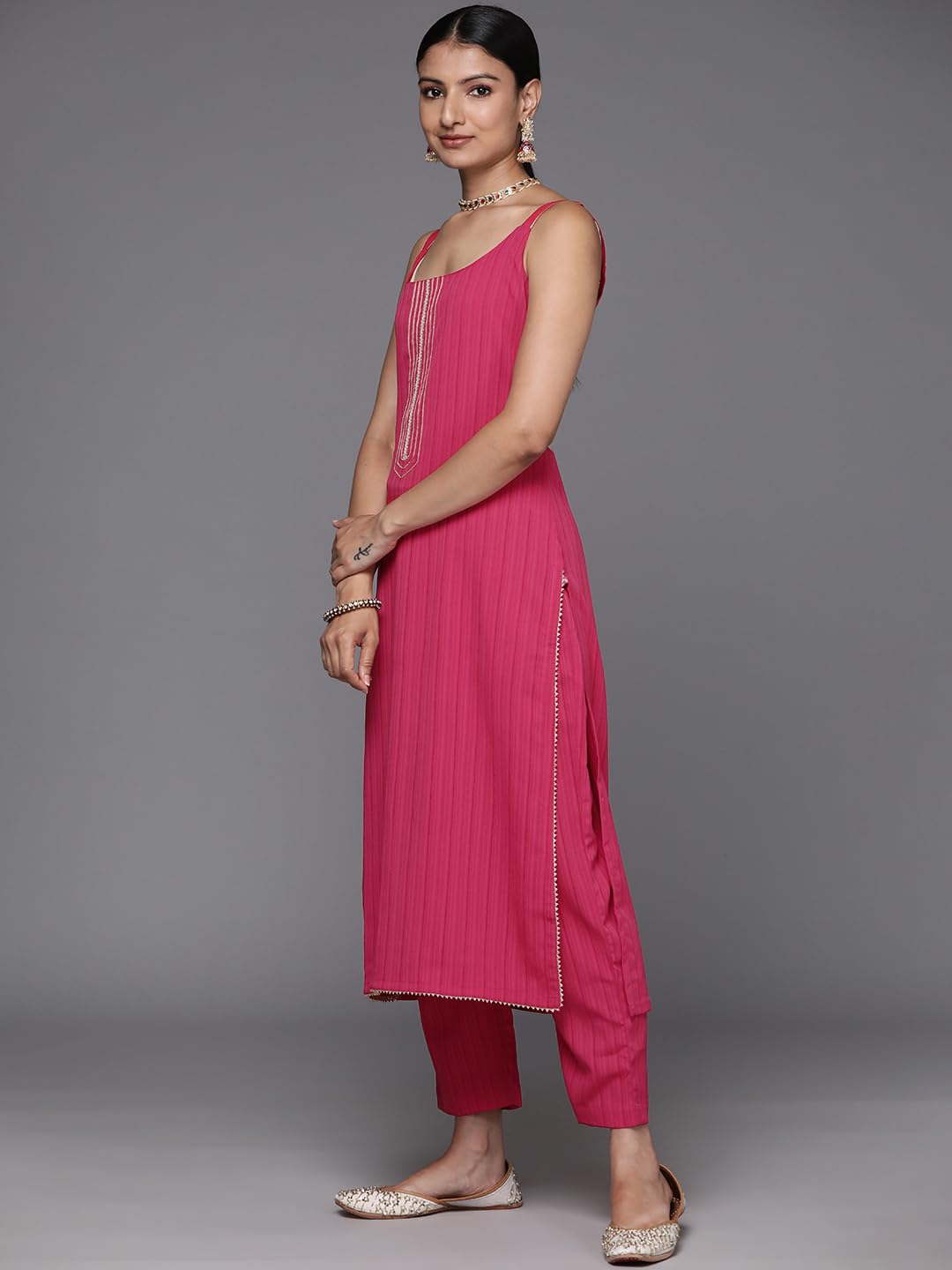 Varanga Women Pink Round Neck, Spaghetti Strap Style Straight Kurta Paired With Tonal Bottom And Dupatta  Stylish & Comfortable