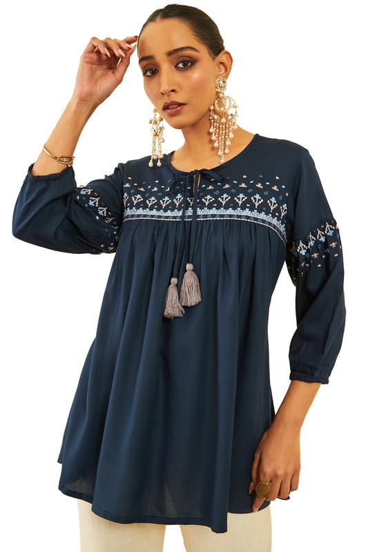 Soch Womens Navy Blue Rayon Embroidered Empire Tunic with Tie-ups