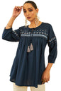 Soch Womens Navy Blue Rayon Embroidered Empire Tunic with Tie-ups