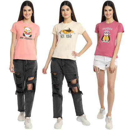 Preneum Womens Cotton Regular Fit Latest Graphic Stylish Printed Short Sleeves Casual T-Shirt || Trending & Style (Pack 3), Pin
