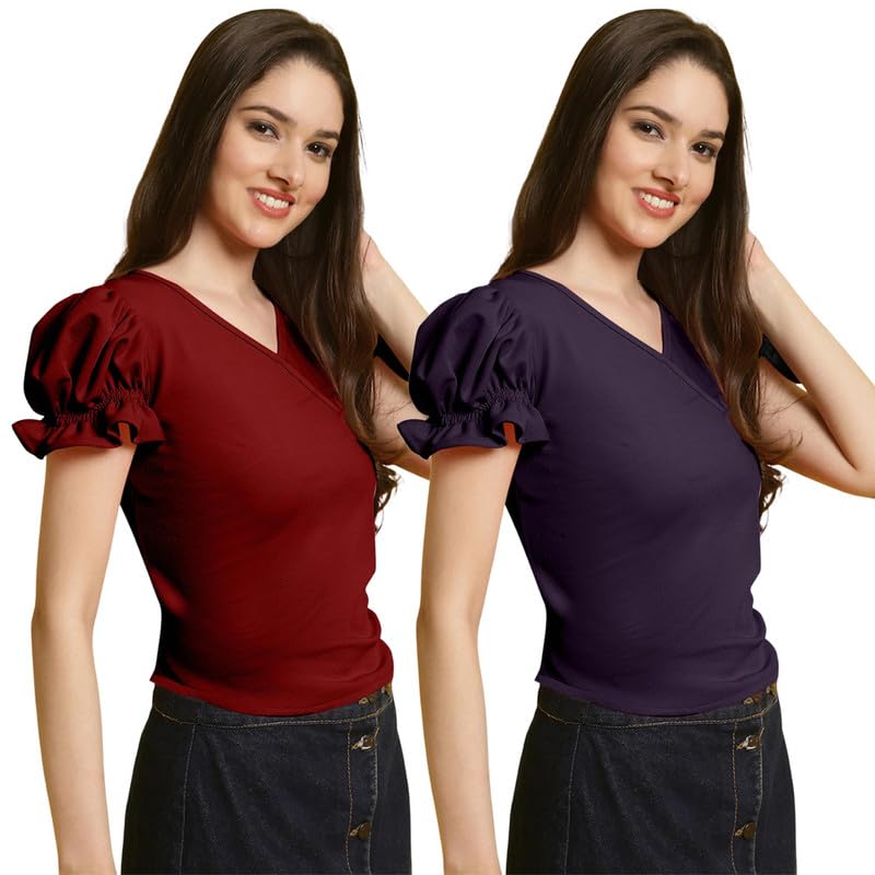 Tee Projekt Womens Solid Polyester T-Shirt for Women || Regular Wear || T-Shirt for Women ||Combo || Western T Shirts (Pack of 2