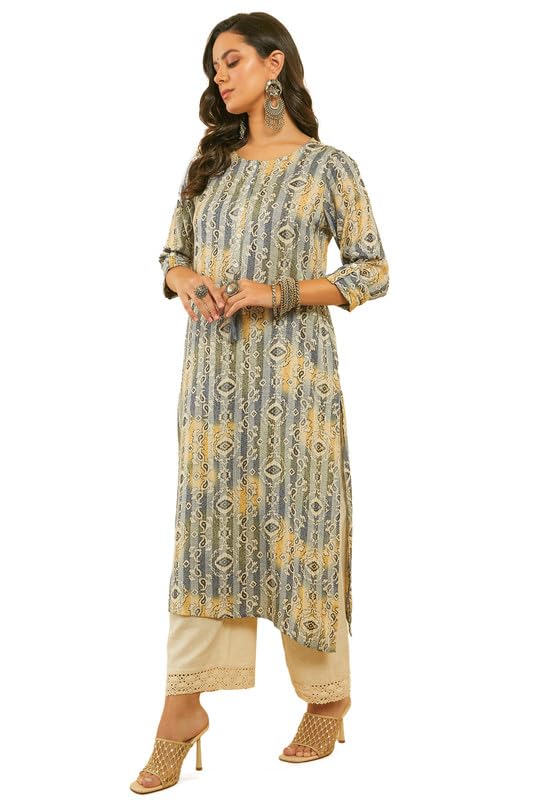 Soch Womens Blue Ethnic Print Kantha Weave Straight Rayon Kurta