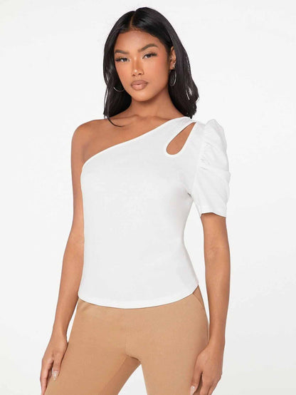 Shasmi Womens & Girls White Short Puff Sleeve, One Shoulder Neck, Ruched Bust Solid Tops for Women/Tops, T-Shirts for Girls (T