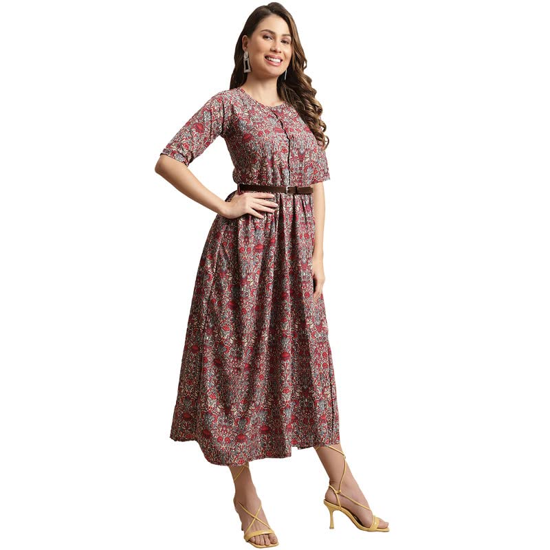 Preneum WomenS Georgette Floral Printed 3/4 Slevees A-Line Fit & Flare Gown With Beltindo-Western Ethnic Gown || A-Line Maxi Dr