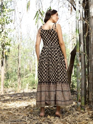 Stylum Womens Ethnic Printed Cotton Tiered Dress Black
