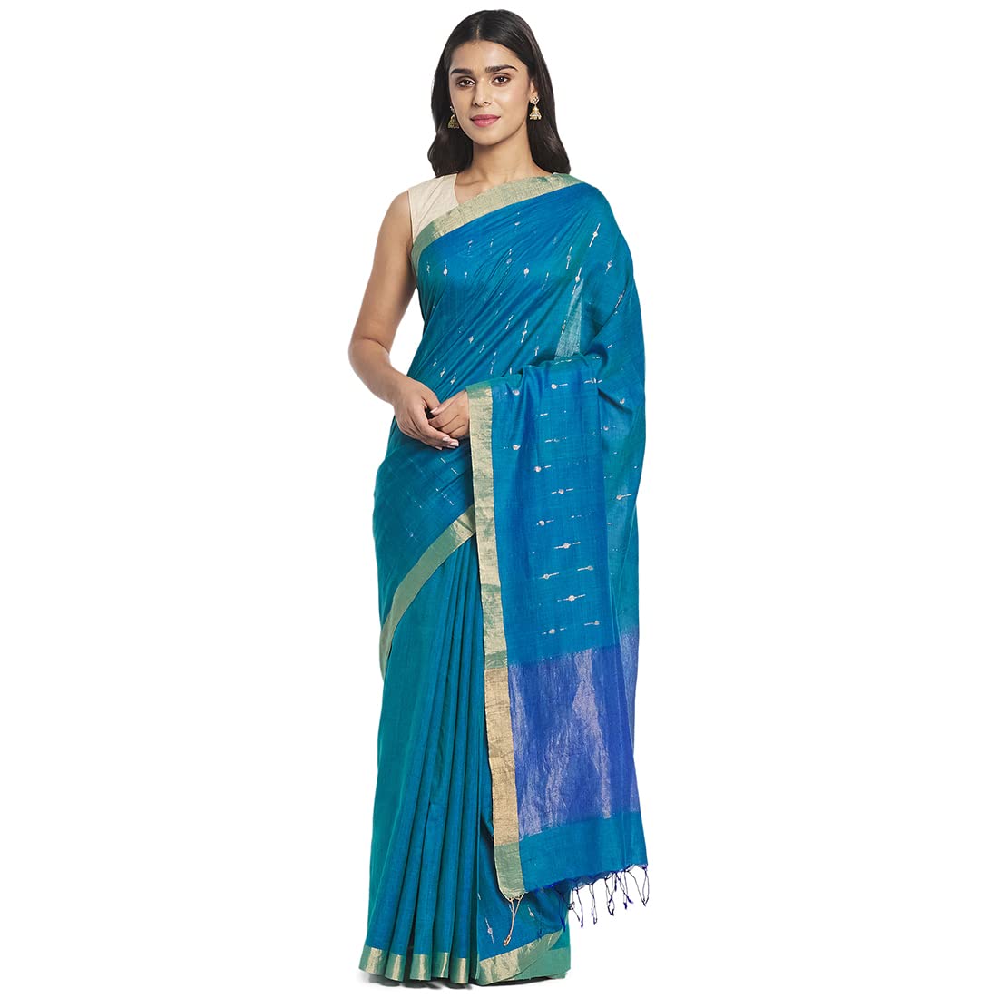 Fabindia Women Cotton Silk Woven Sari Teal_Freesize