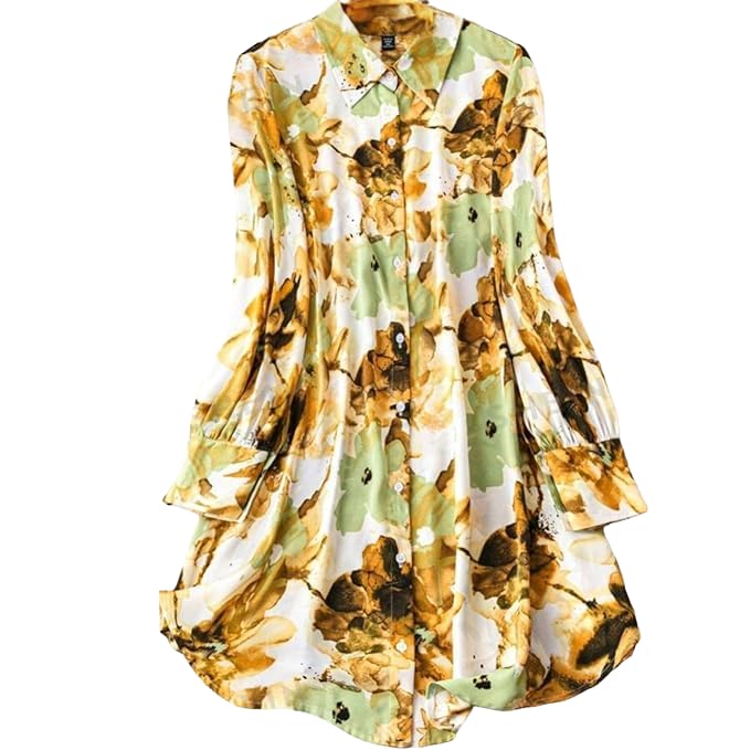 Gufrina WomenS Rayon Dress With Long Puff Sleeves Mandarin Collared Neck Tie Die Printed A-Line Style Regular Fit And Knee Leng