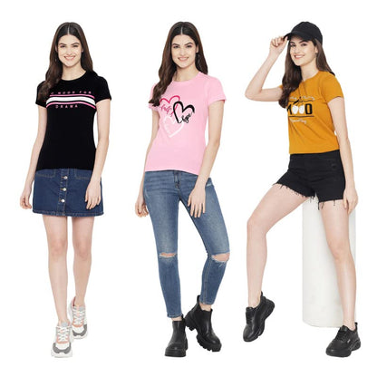 Preneum Womens Cotton Regular Fit Latest Graphic Stylish Printed Short Sleeves Casual T-Shirt || Latest Trendy & Styling (Pack