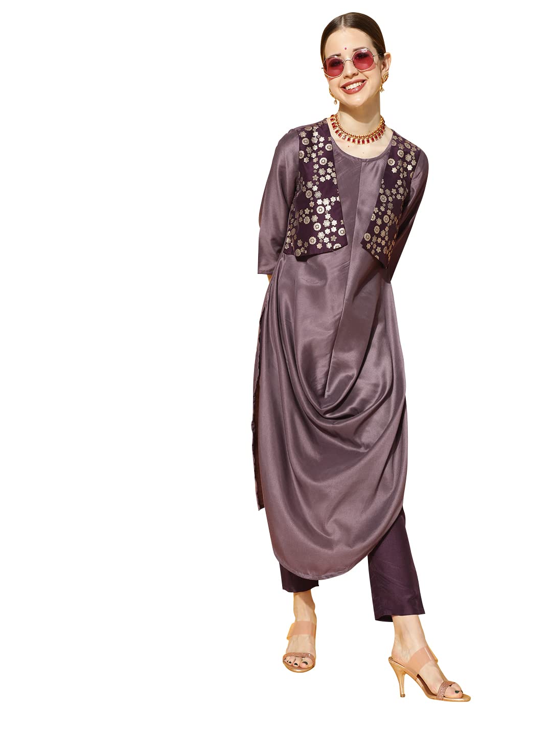 ZIYAA Women's Purple Chinon Flared Kurta And Pant Set(ZIKUCH3729ANDPA)