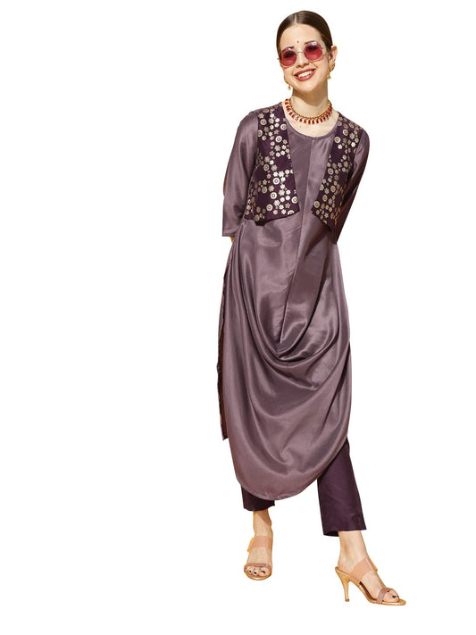 ZIYAA Women's Purple Chinon Flared Kurta And Pant Set(ZIKUCH3729ANDPA)