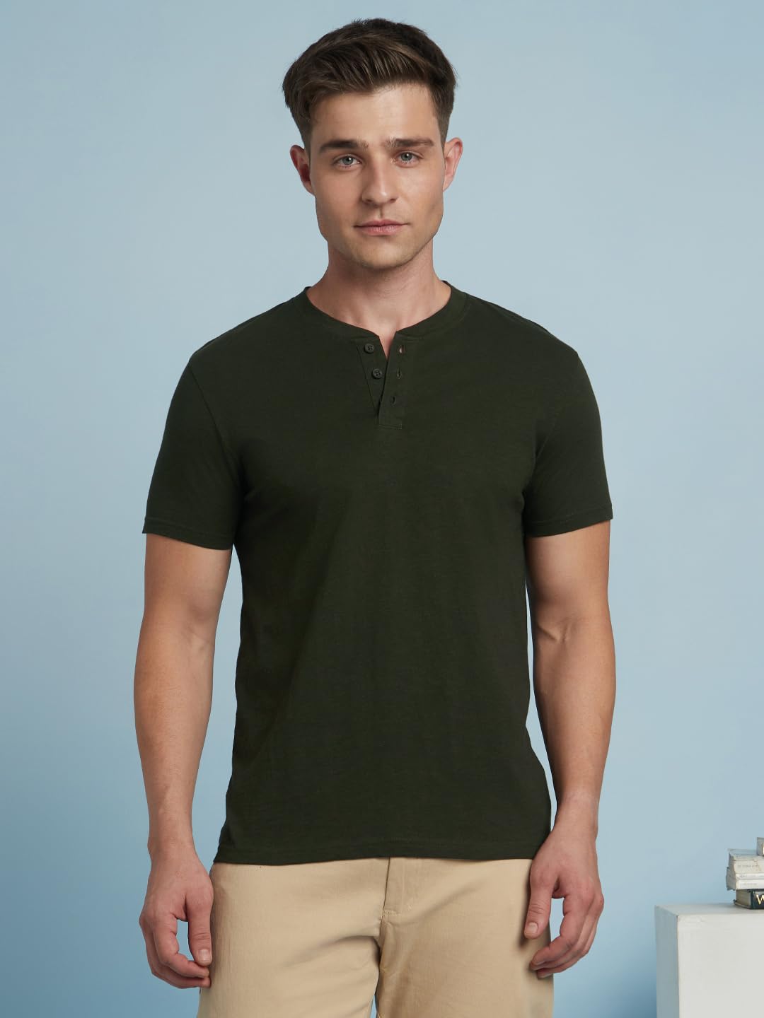 Dennis Lingo Men Solid Cotton Slub Regular Fit Half Sleeves Round Neck T Shirts Olive