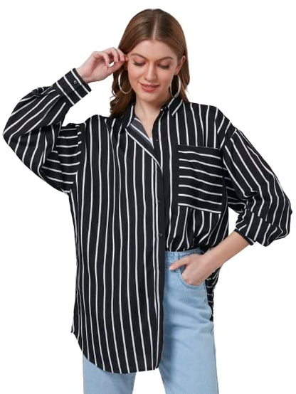 Style Quotient Women Black and White Stripe Printed Poly Crepe Oversized Casual Shirt