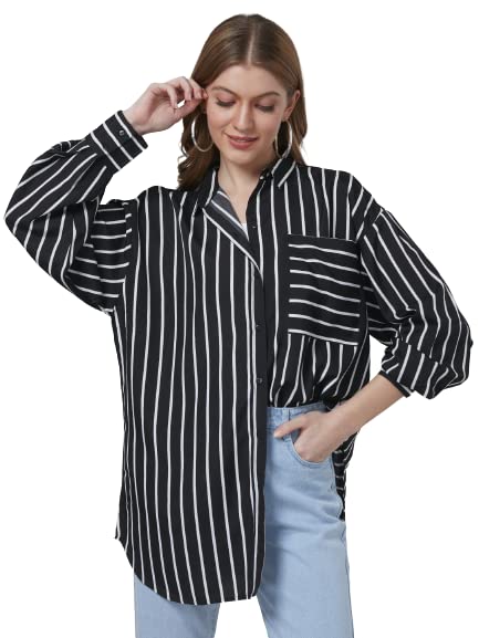 Style Quotient Women Black and White Stripe Printed Poly Crepe Oversized Casual Shirt