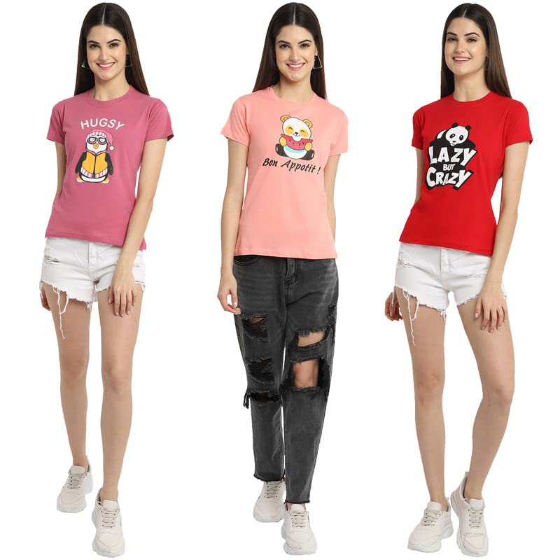 Preneum Womens Cotton Regular Fit Latest Graphic Stylish Printed Short Sleeves Casual T-Shirt || Trending & Style (Pack 3), Pin